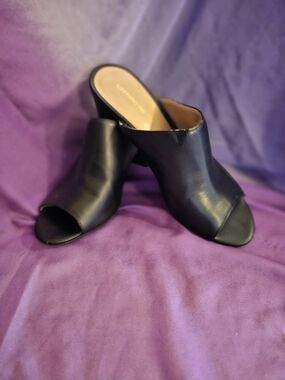 Black Leather Open-Toe Mule Heels Liz Claiborn